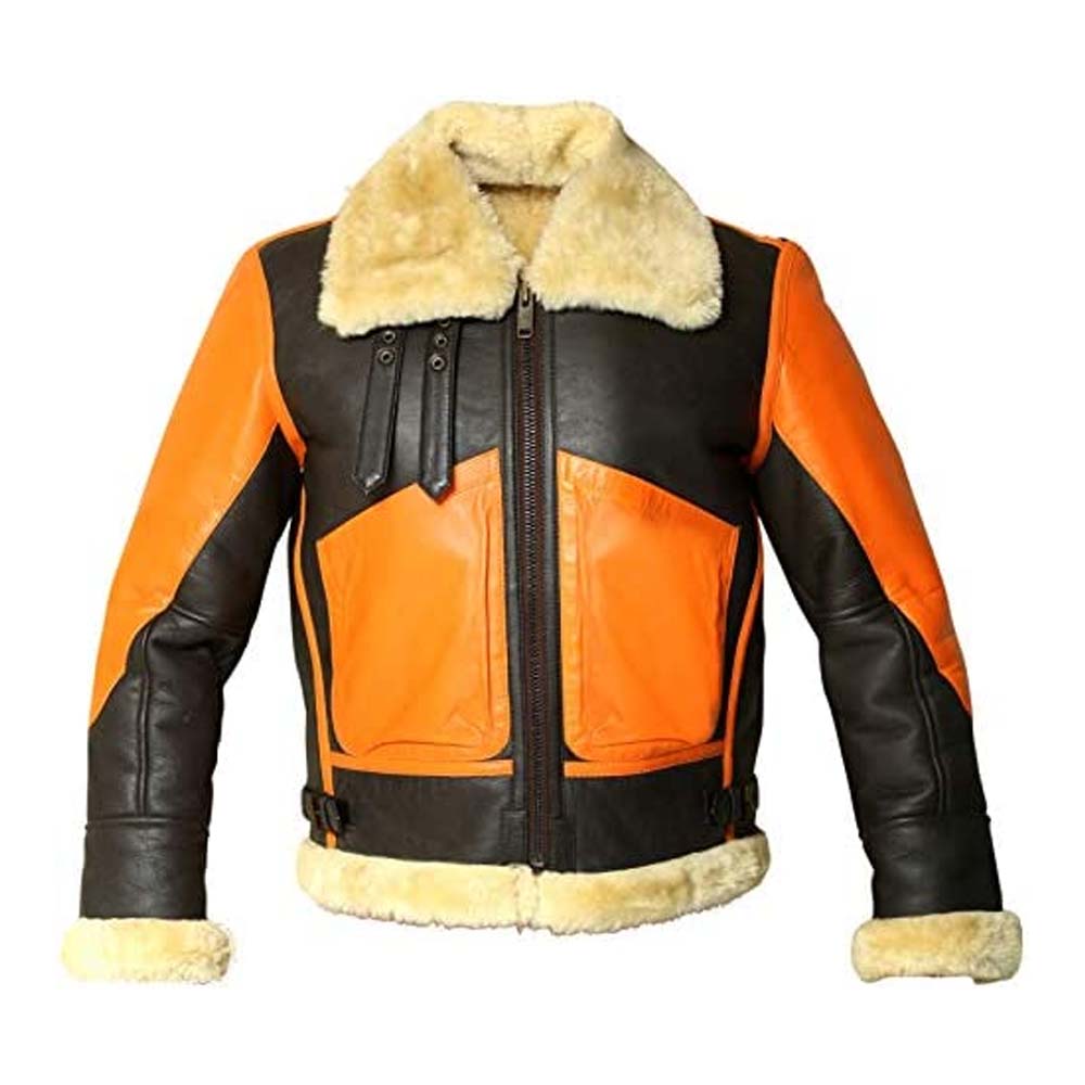 Mens B3 Bomber Orange Brown Real Shearling Sheepskin Leather Flight Jacket