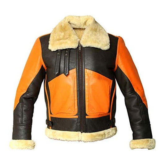 Mens B3 Bomber Orange Brown Real Shearling Sheepskin Leather Flight Jacket
