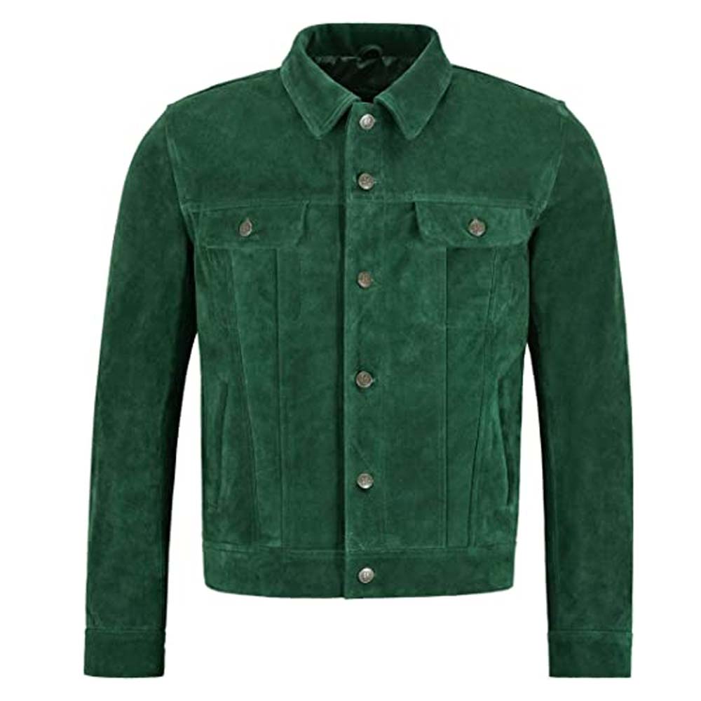 Mens Green Suede Classic Real Cowhide Western Leather Jacket