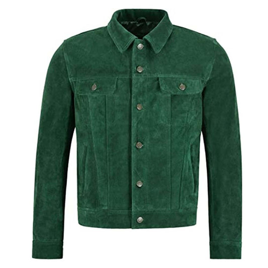 Mens Green Suede Classic Real Cowhide Western Leather Jacket