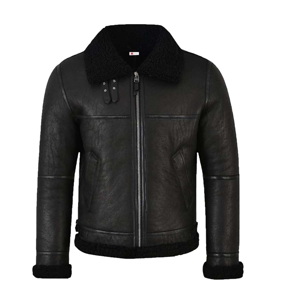 Mens Jet Black Shearling Leather Jacket