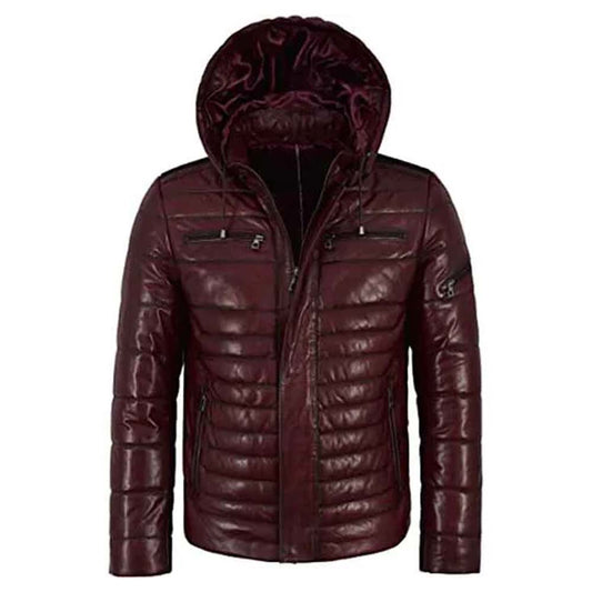 Mens Maroon Colour Puffer Hooded Quilted Leather Jacket