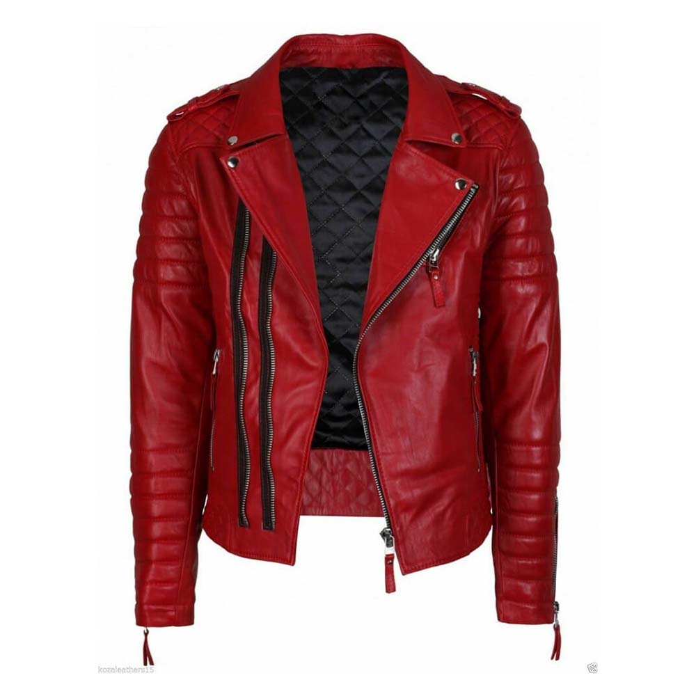 Double Breasted Mens Red Leather Biker Jacket