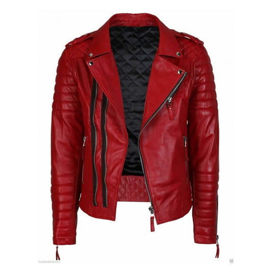 Double Breasted Mens Red Leather Biker Jacket