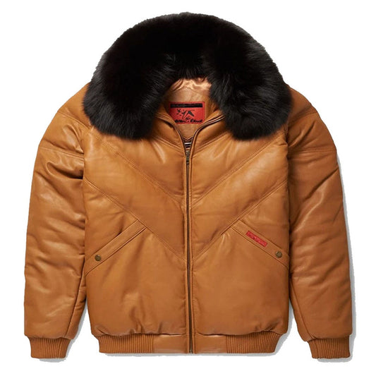 "brown leather bomber jacket"