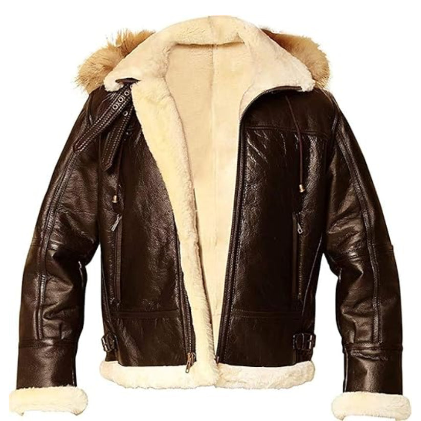 B3 Brown Bomber Removable Hoodie Real Shearling Sheepskin Leather Jacket