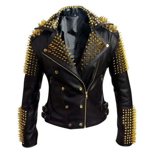 Womens Black Motorbike Leather Jacket With Gold Studs