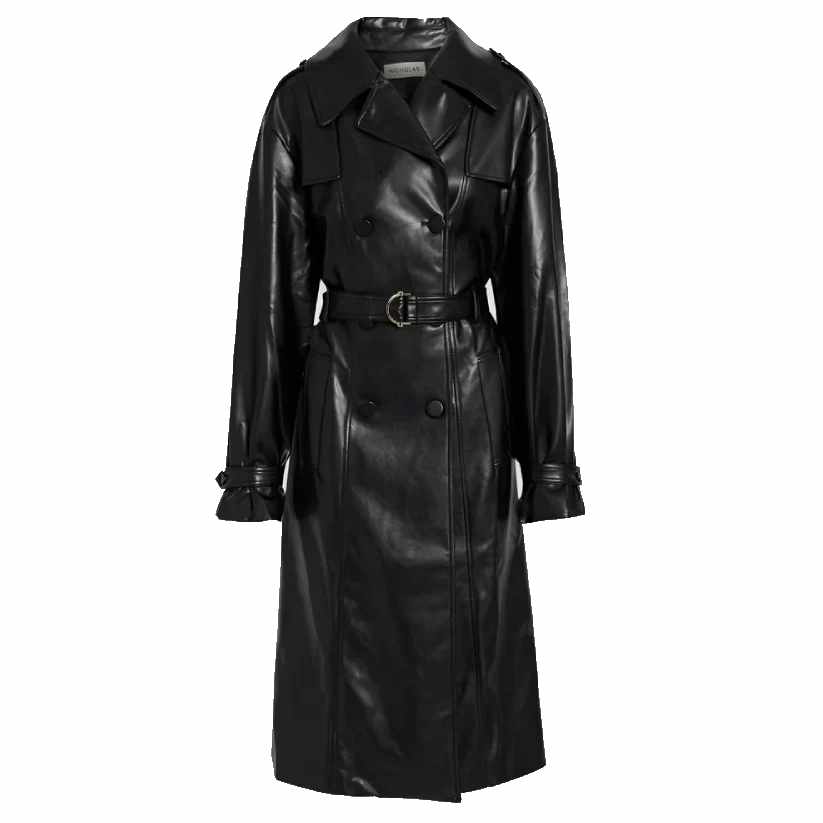 Belted Faux Leather Trench Coat