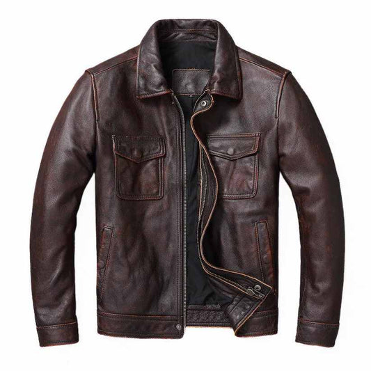 Bkier Vintage Style Real Leather Brown Jacket
