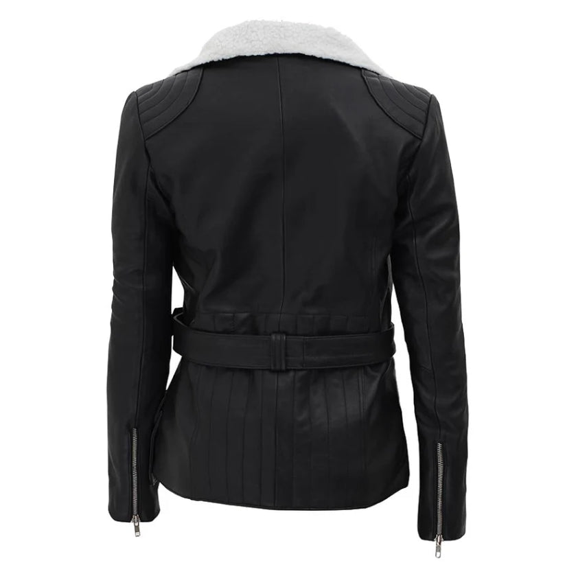 Black Belted Shearling Leather Jacket