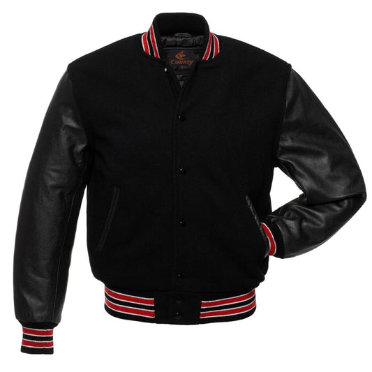 Black Body and Black Leather Sleeves Letterman Varsity Jacket