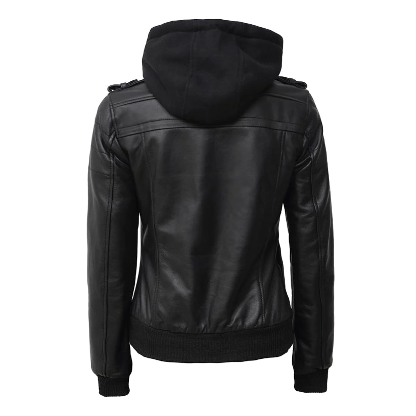 Black Bomber Leather Jacket Womens Hooded Jacket