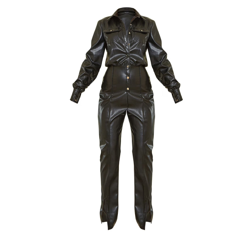 Black Faux Leather Popper Front Shirt Jumpsuit