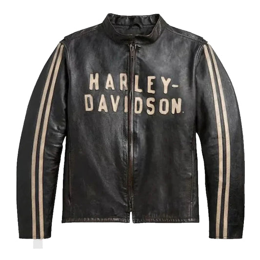 Black Harley Davidson Sleeve Stripe Leather Jacket