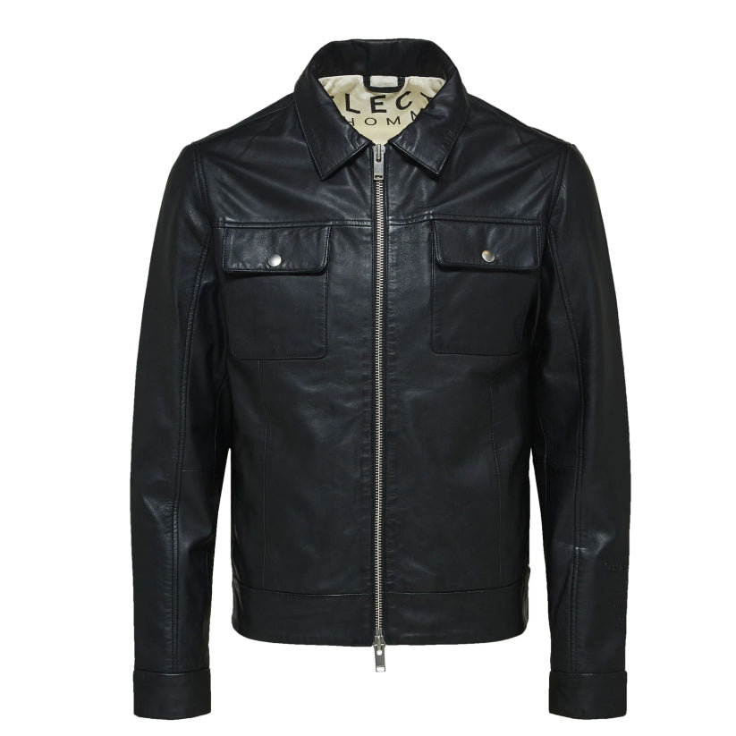 Black Hoodeid Leather Trucker Jacket