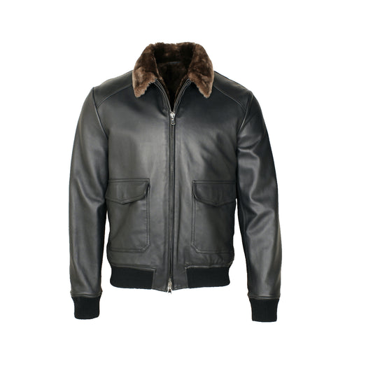 Black Leather Bomber Jacket with Beaver Fur Lining