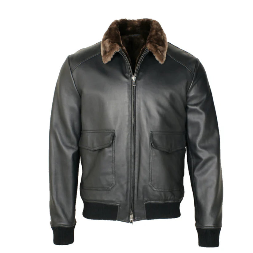 Black Leather Bomber Jacket with Beaver Fur Lining