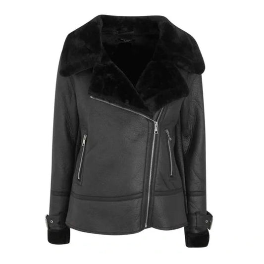 Black Leather Look Faux Fur Lined Aviator Jacket