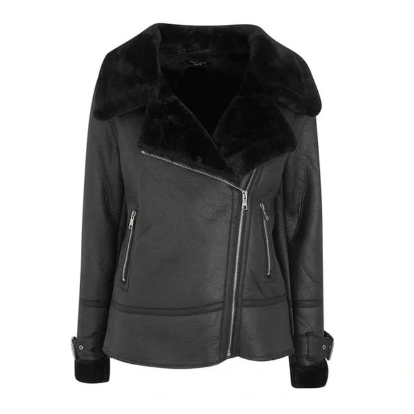 Black Leather Look Faux Fur Lined Aviator Jacket