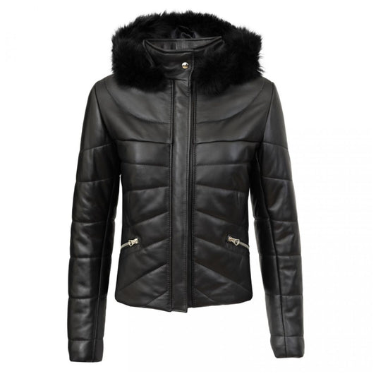 Black Leather Puffer Jacket with Fur Hood