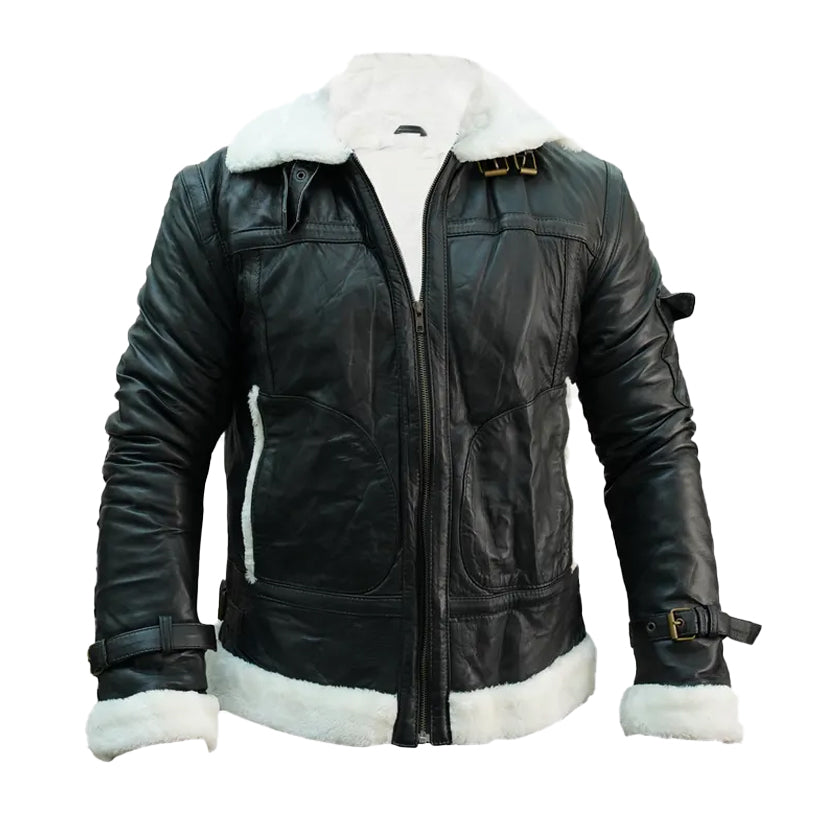 Black Leather Shearling Bomber Jacket