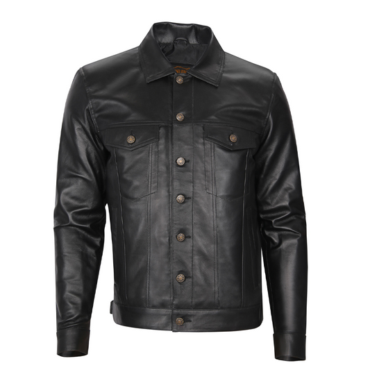 Black Leather Trucker Jacket Western Style