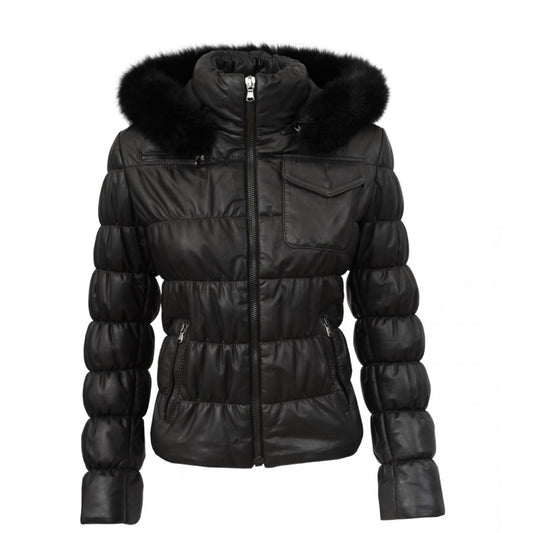Black Leather Winter Fur Puffer Jacket