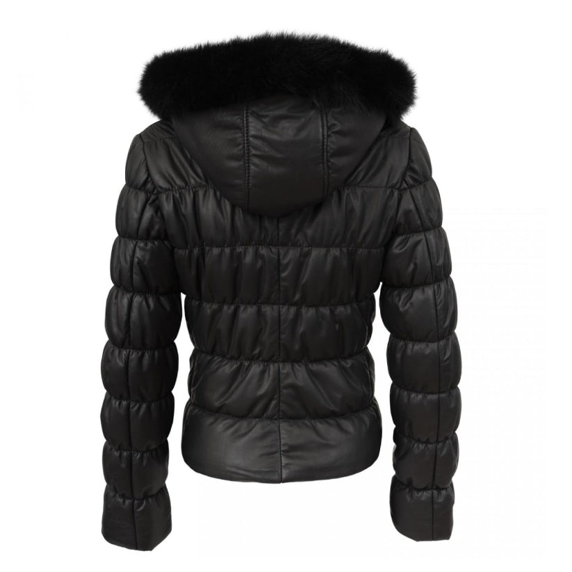 Black Leather Winter Fur Puffer Jacket