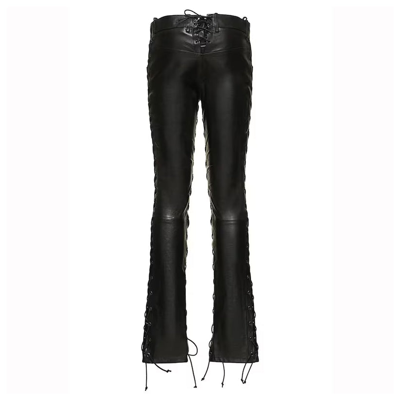 Black Leather pants Side & Front-Back Lace-up for women