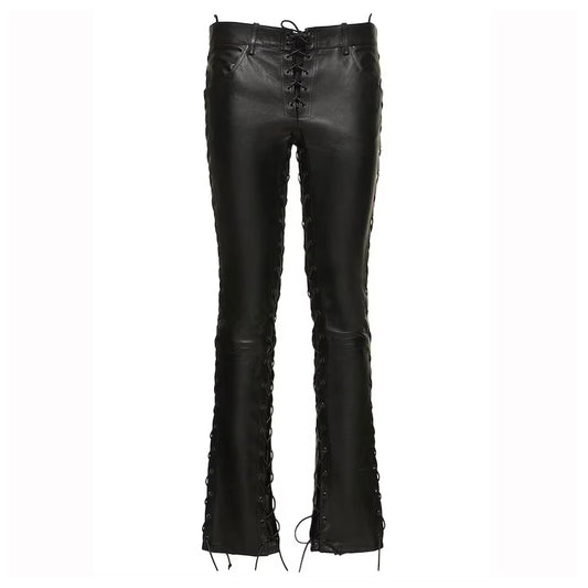 Black Leather pants Side & Front-Back Lace-up for women