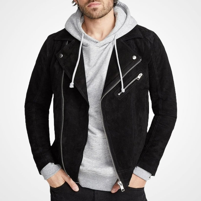 Men's Black Suede Leather Moto Biker Jacket