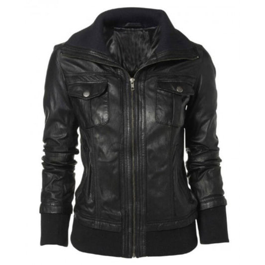 Black Women’s Double Collar Leather Jacket