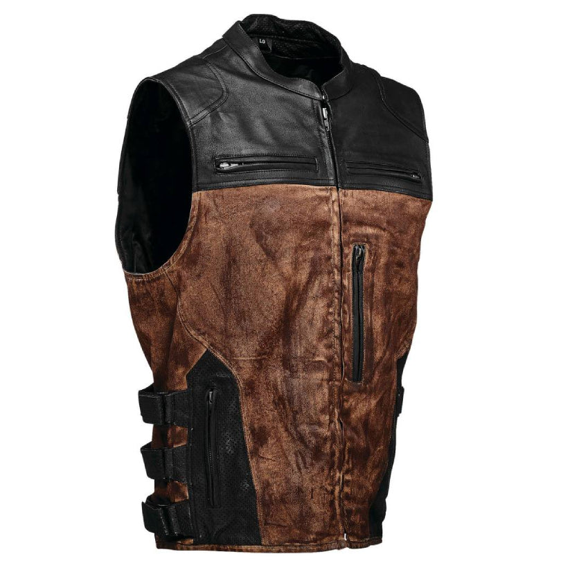 Black and Brown Side Belted Leather Vest