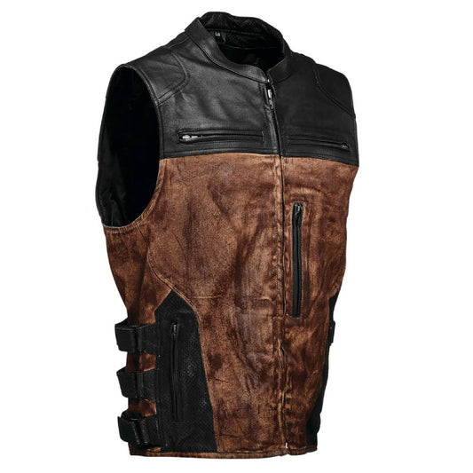 Black and Brown Side Belted Leather Vest