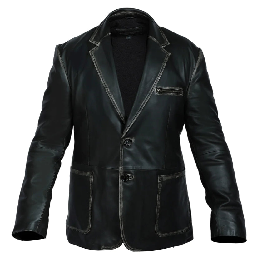 Blazer Button Style Black Leather Jacket for Men