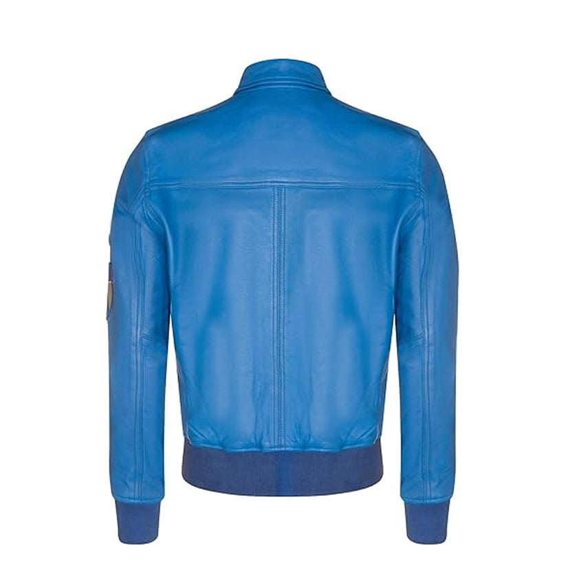 Blue Leather Bomber Jacket