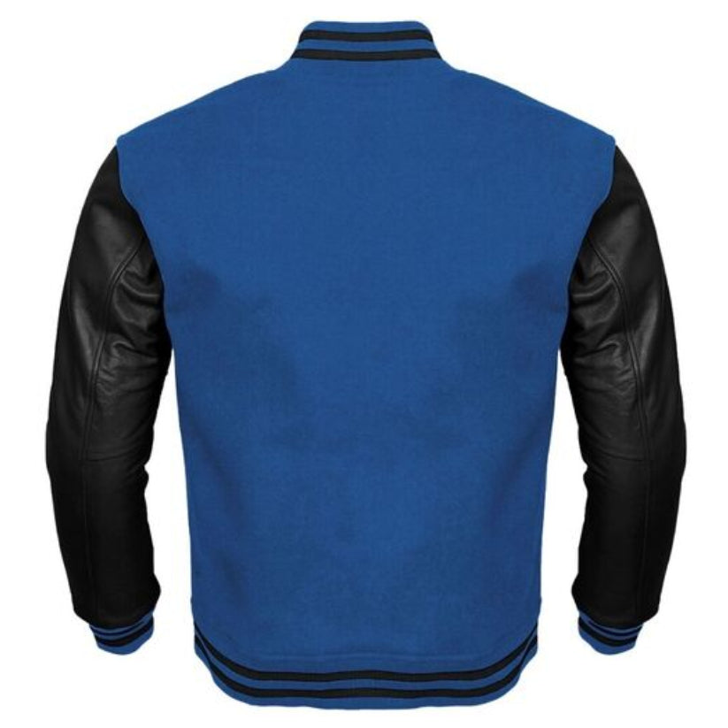 Blue and Black Leather Sleeves Varsity Jacket