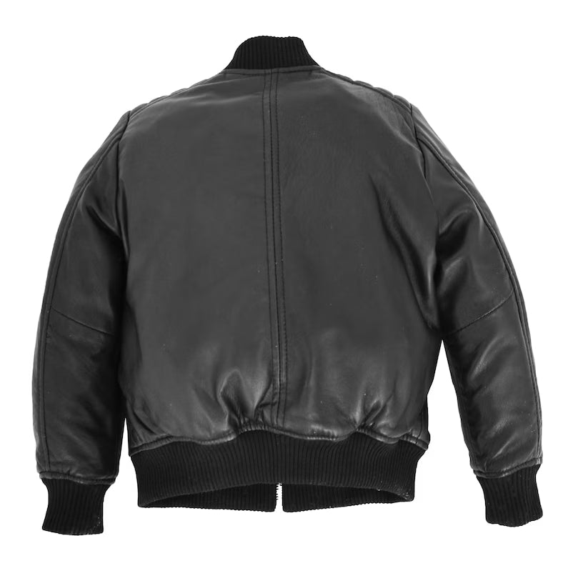 Boys Black Real Leather Bomber Jacket