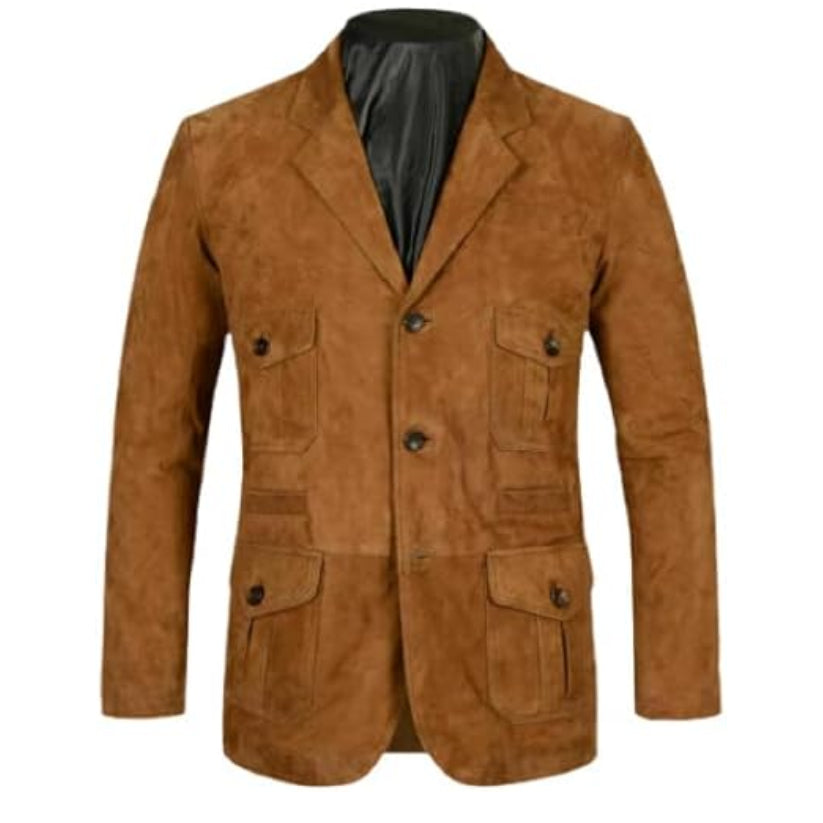 Brown Leather Blazer Men Pure Suede Coat Jacket 2 Button