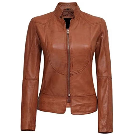 Brown Leather Jacket Women Biker