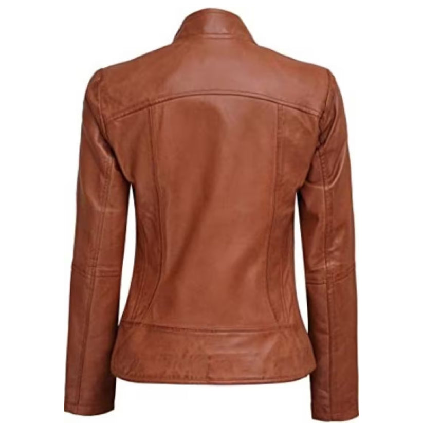 Brown Leather Jacket Women Biker