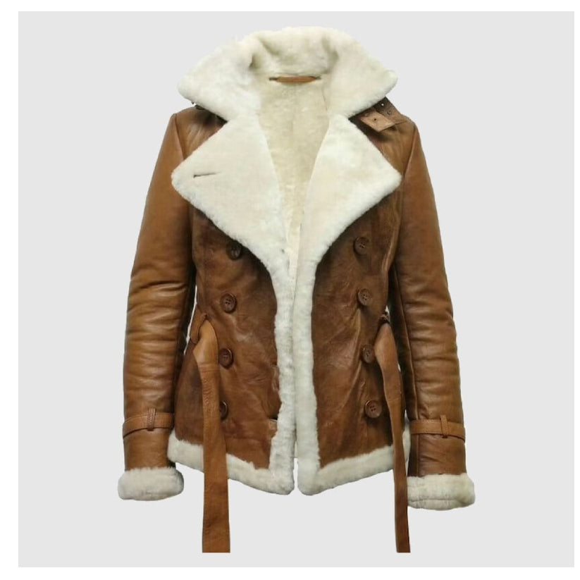 Brown Pilot Aviator Genuine Shearling Leather Jacket for Women