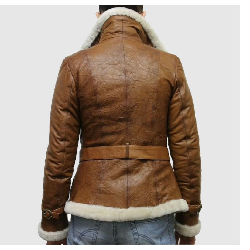 Brown Pilot Aviator Genuine Shearling Leather Jacket for Women