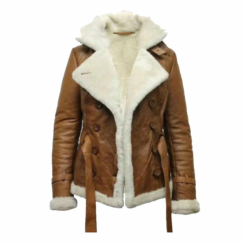 Brown Pilot Aviator Genuine Shearling Leather Jacket for Women