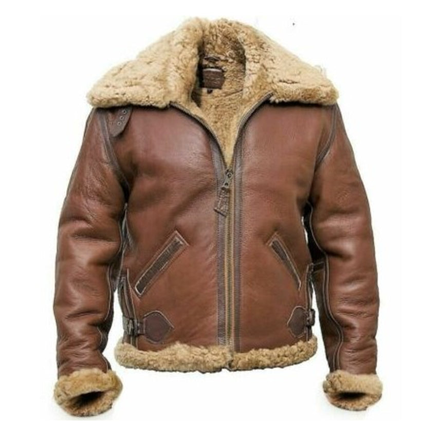 Brown RAF Aviator Men's B3 Sheepskin Real Shearling Leather Flight Bomber Jacket