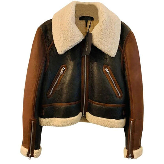 Brown Women's Aviator Shearling Lambskin Leather Jacket