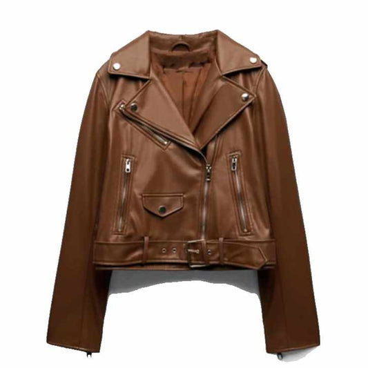 Brown Womens Sheepskin Leather Biker Jacket