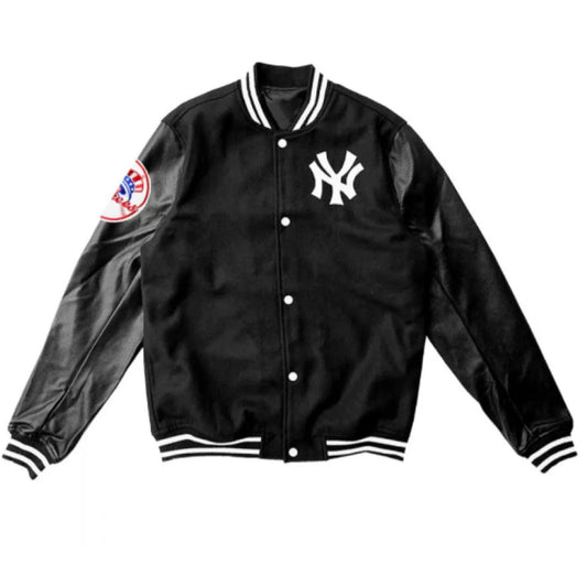 Classic Letterman Varsity Jacket Leather Sleeves Black