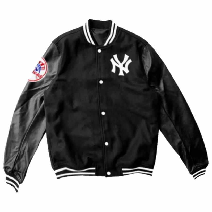 Classic Letterman Varsity Jacket Leather Sleeves Black