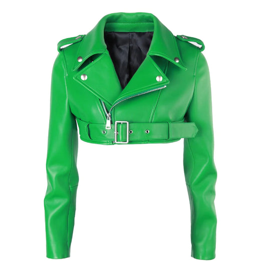 Cropped Green Leather Biker Jacket